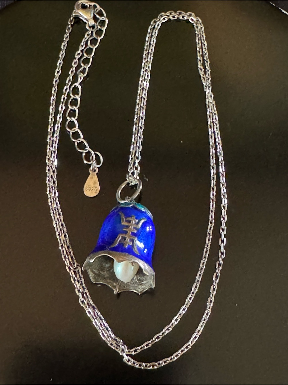 Vintage Blue Cloisonné Enamel Bell Pendant Necklace - Sterling Silver - Pearl